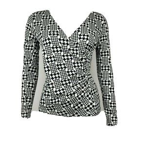 Talbots Top Womens Size P Petites Black White Surplice Long Sleeve Pullover